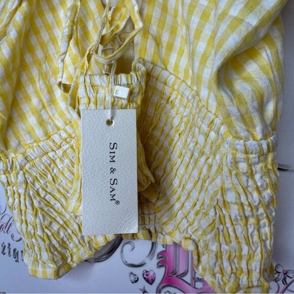 Sim & Sam top milkmaid gingham picnic yellow white tie up corset back stretchy - Picture 7 of 9